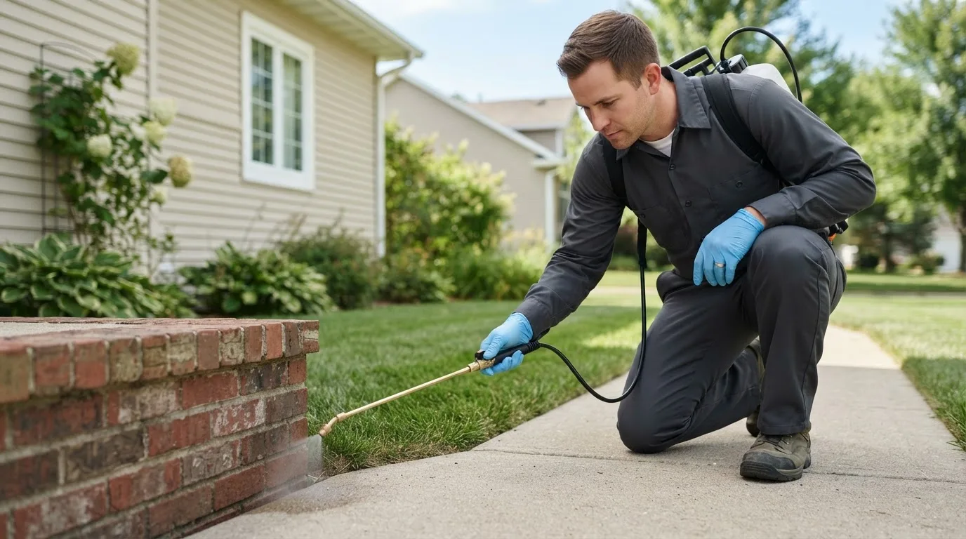 Pest control technician treating a home near Hinsdale, IL